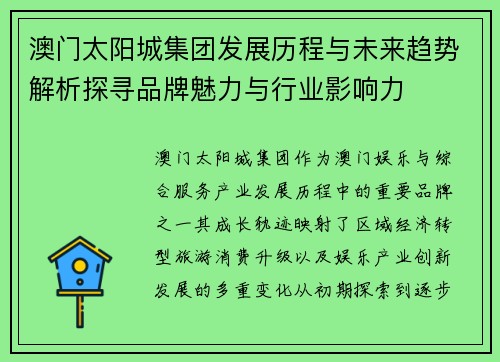 澳门太阳城集团发展历程与未来趋势解析探寻品牌魅力与行业影响力 澳门太阳城集团发展历程与未来趋势解析探寻品牌魅力与行业影响力