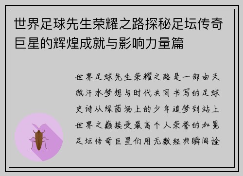 世界足球先生荣耀之路探秘足坛传奇巨星的辉煌成就与影响力量篇